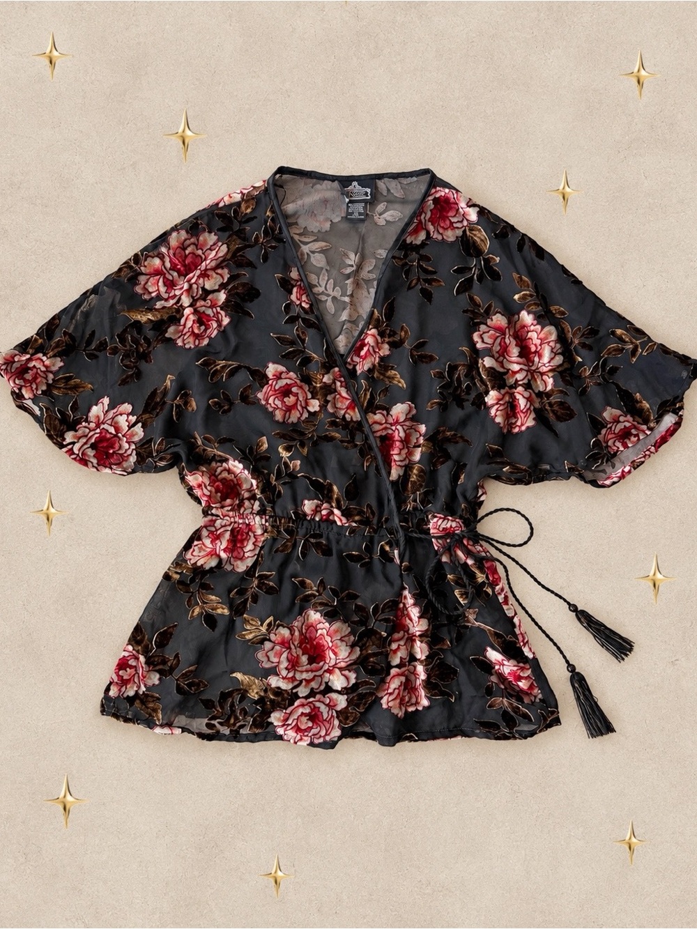 Woman Black Floral Rose Mesh Velvet Wrap Waist Kimono Top MEDIUM Whimsigoth Boho